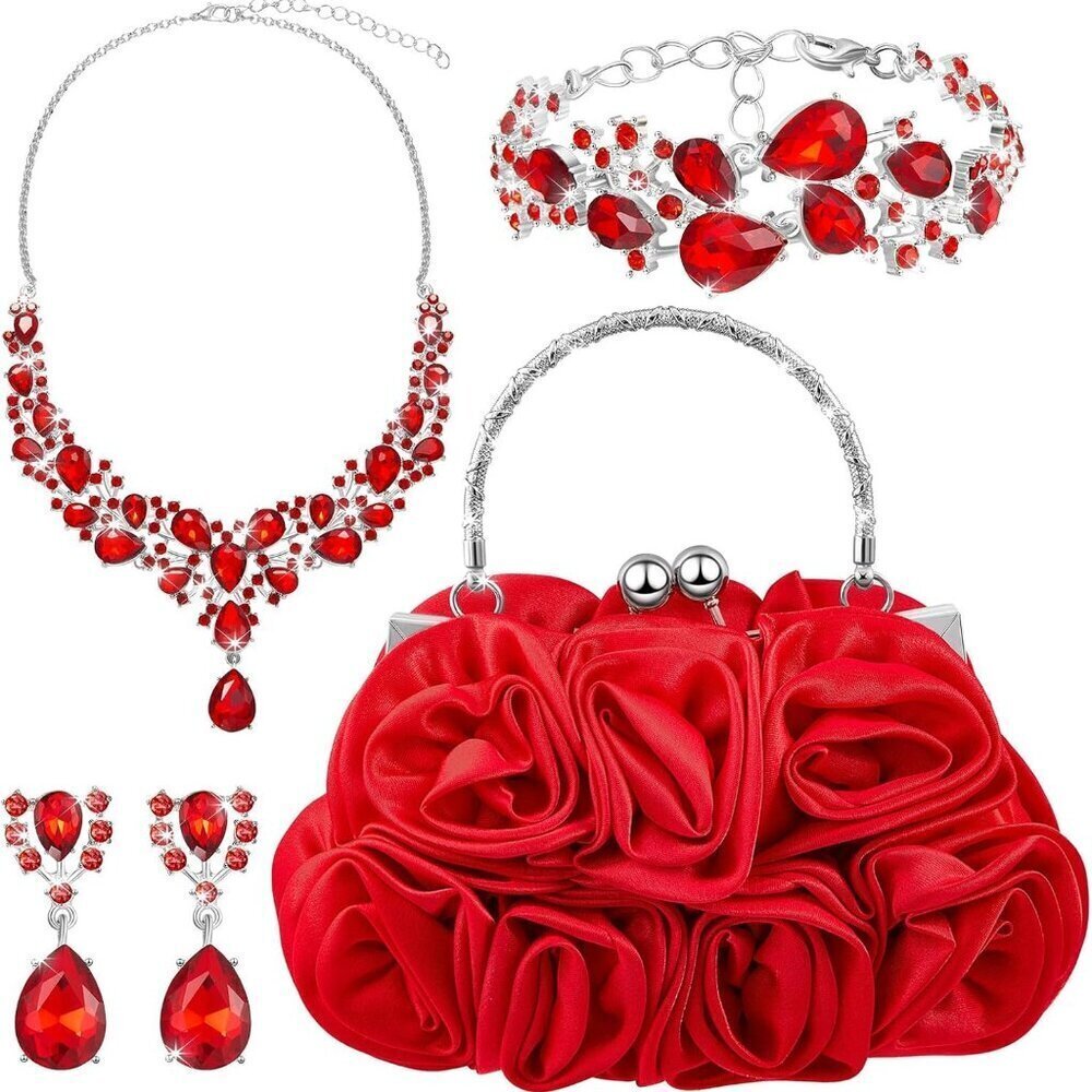Flower Rhinestone Clutch Set Women Jewelry With Detachable Strap for Wedding